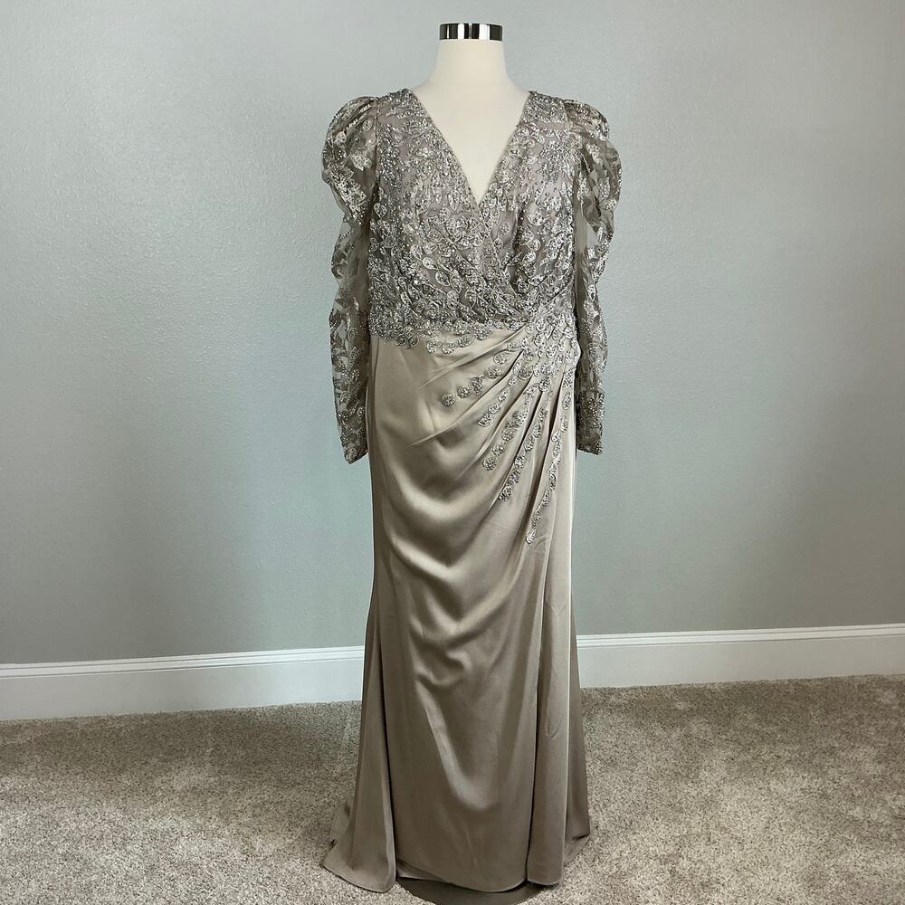 Mac Duggal 20346 Taupe Evening Gown Beaded Long Sleeve A-Line Dress Size 18 - Picture 2 of 12